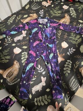 Hallpween Bums & Roses Infant Bat Print Zip Romper in Purple & Teal